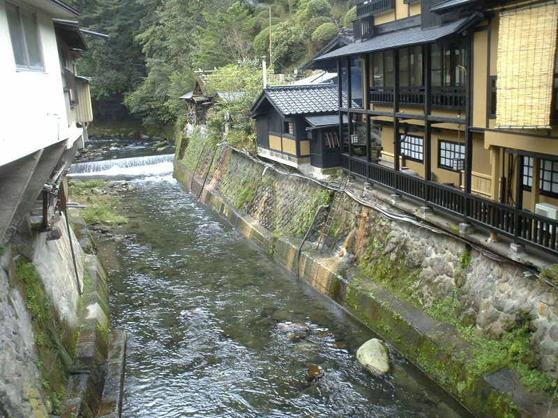 A view of the river with onsen ryokan on either side.